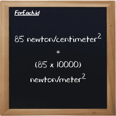 How to convert newton/centimeter<sup>2</sup> to newton/meter<sup>2</sup>: 85 newton/centimeter<sup>2</sup> (N/cm<sup>2</sup>) is equivalent to 85 times 10000 newton/meter<sup>2</sup> (N/m<sup>2</sup>)